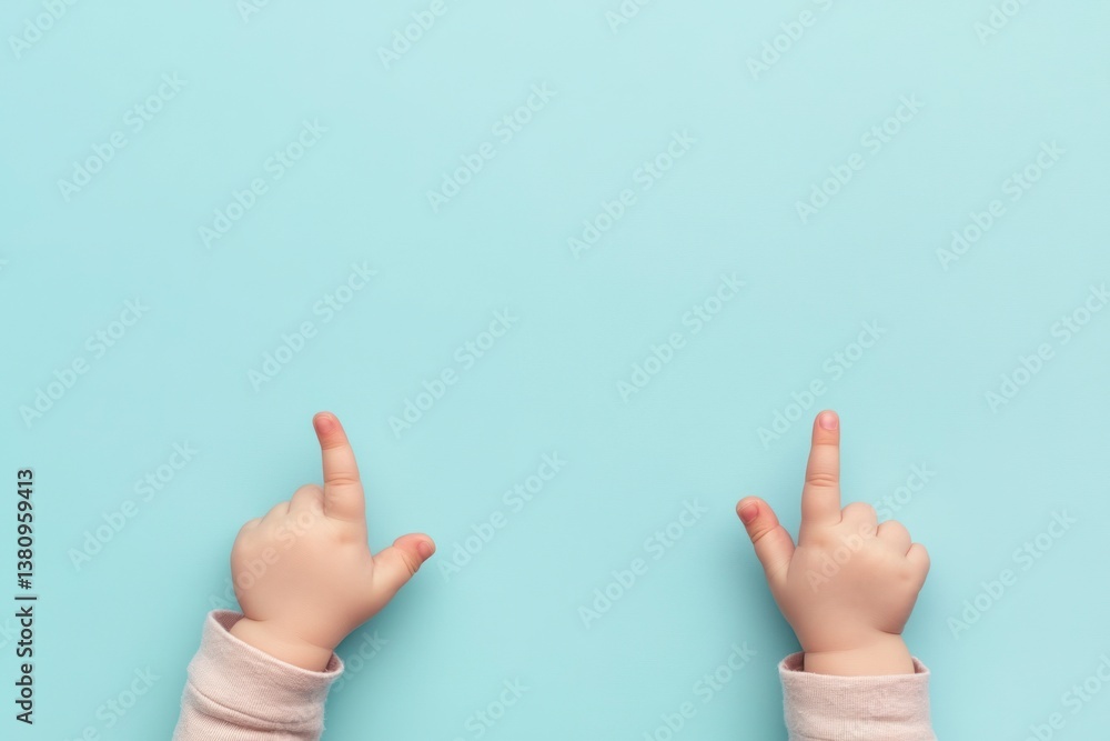 Baby Hands Pointing Upward on Light Blue Background for Advertisement