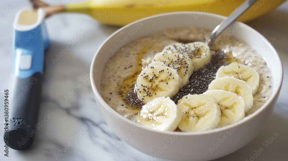 Delightful overnight oats adorned with banana slices and chia seeds for breakfast