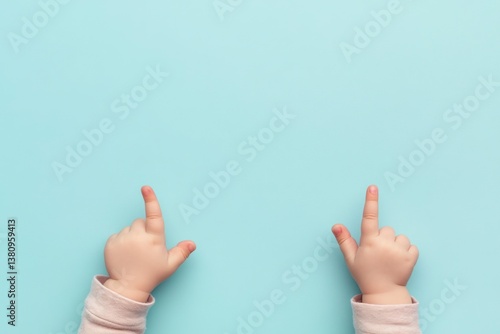 Obraz na płótnie Baby Hands Pointing Upward on Light Blue Background for Advertisement w salonie