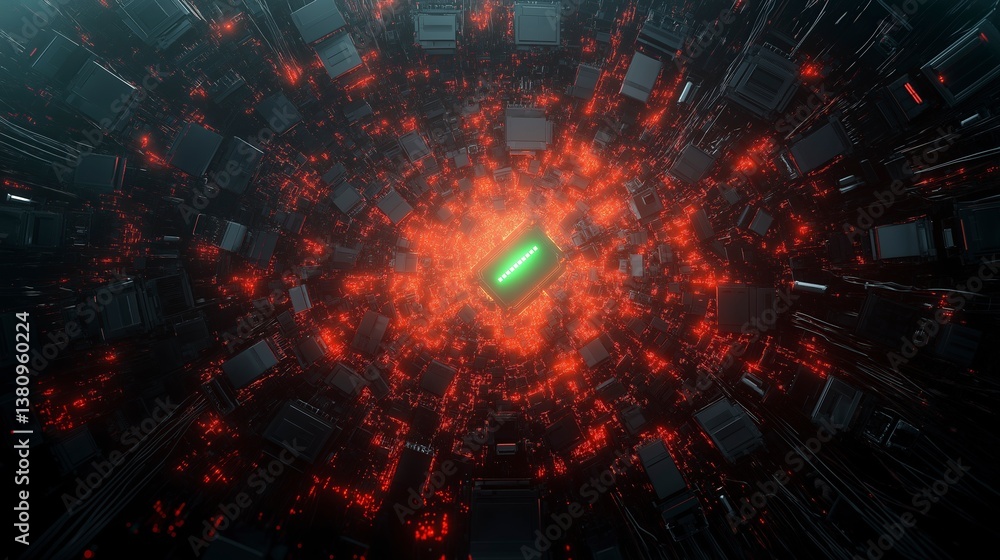 Obraz premium Vibrant energy core surrounded by a web of black circuitry and red luminescence showcasing digital technology in action Generative AI