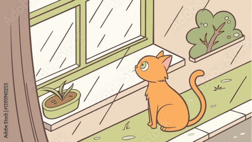 little orange cat gazes out window, captivated by rain, creating cozy and serene atmosphere