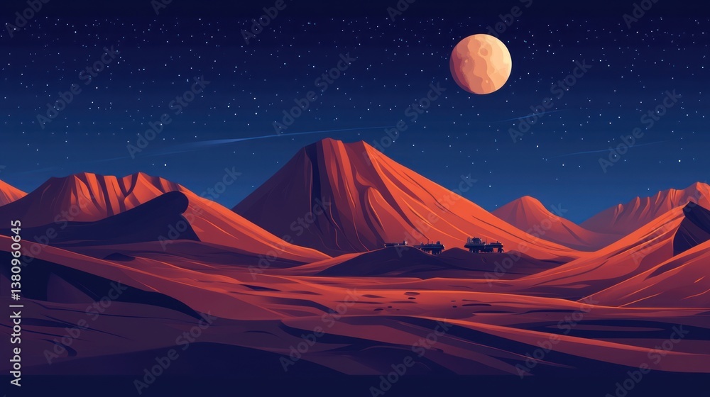 Crimson dunes under a starlit sky, exploring a fictional planetary landscape, full moon