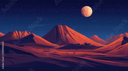 Obraz na płótnie Crimson dunes under a starlit sky, exploring a fictional planetary landscape, full moon w salonie
