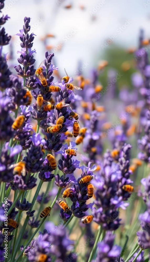 Naklejka premium Busy bees swarming lavender, beeswax processing visible, colony, Apis mellifera, fragrance