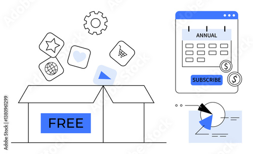 Box labeled Free releasing app icons, gears around subscription plan calendar and pie chart analytics. Ideal for freemium models, subscription plans, services marketing, promotions, customer