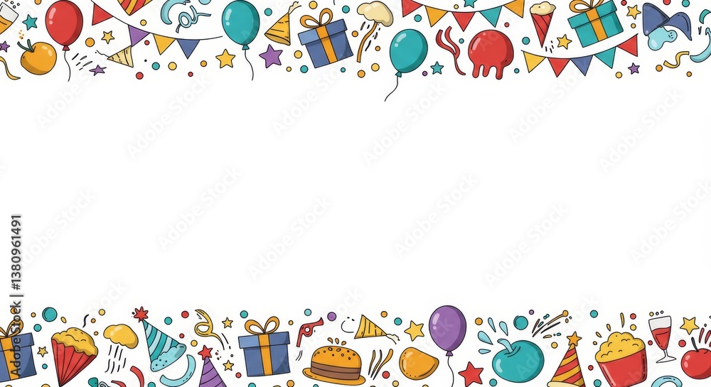 Fototapeta premium Festive Celebration Graphic Border White Background - Joyful birthday celebration, presents, balloons, confetti, cake, party hats symbolize fun, happiness, festivity, togetherness, and celebration