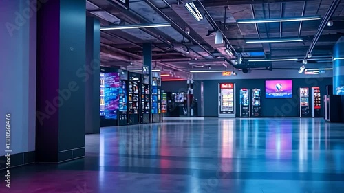 Modern vending machine area in a brightly lit urban space with colorful displays and reflections