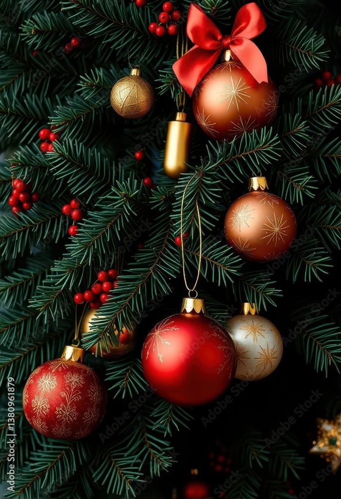 Dark green evergreen branch adorned with gold, red, and white holiday ornaments, xmas, white, glittery Dark green evergreen branch adorned with gold, red, and white holiday ornaments, xmas, white, glittery