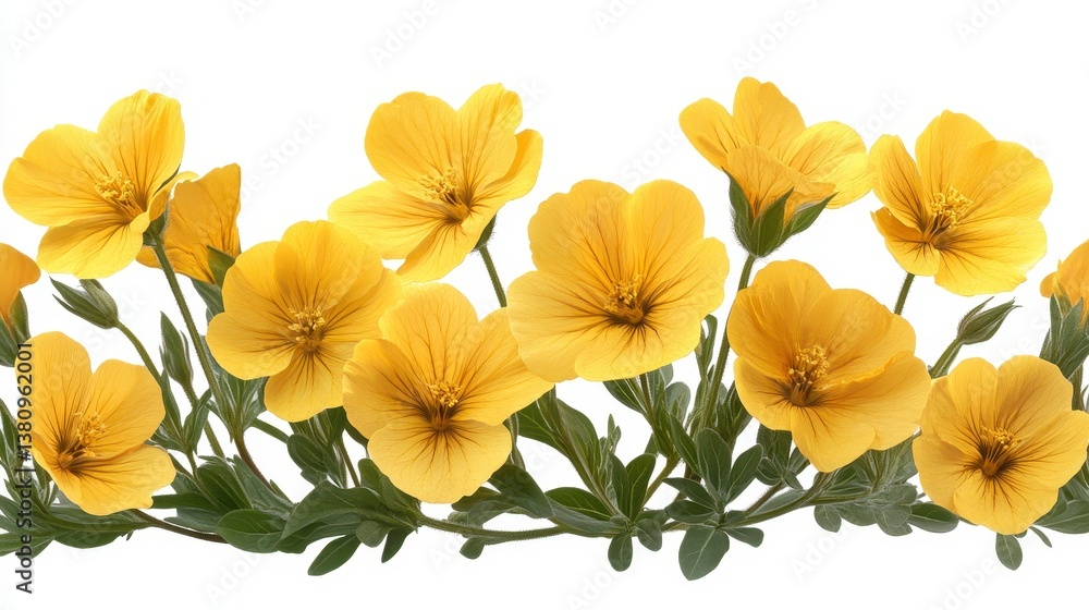 Naklejka premium Vivid yellow flowers with green stems and leaves adorn a crisp white background