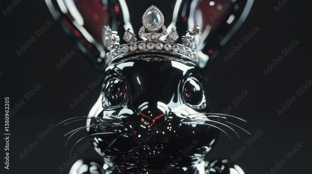 Shiny Metallic Rabbit Figurine Wearing Crown Regal Fantasy Art