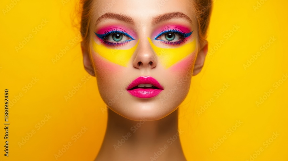 Obraz premium A model with bright pink lips, half-shadowed face, dramatic lighting, elegant minimalism. 