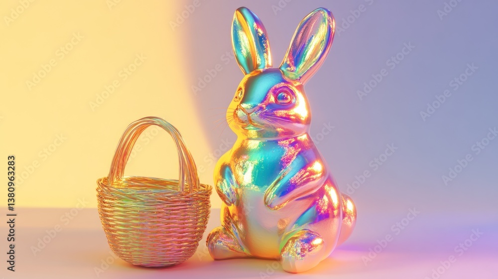 Iridescent Rabbit and Wicker Basket Still Life with Colorful Lighting