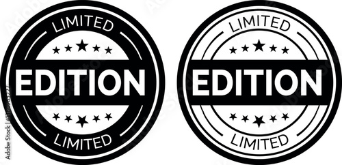 Black and white limited edition badge with bold text, circular design, stars, and double variations for branding	