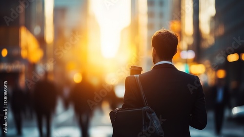 Corporate worker walks through bustling city streets at sunset with coffee