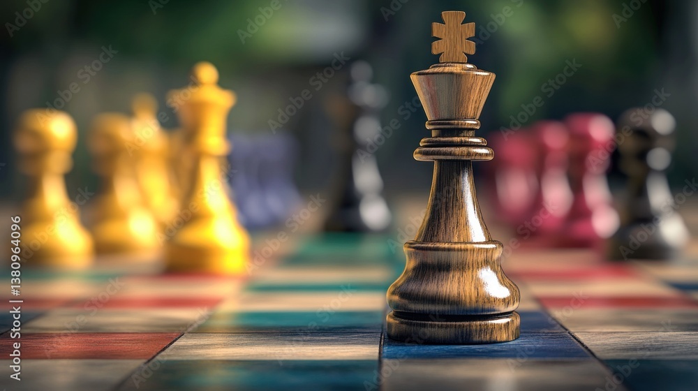 A wooden chess king stands prominent on a colorful board, other pieces blurred in background A wooden chess king stands prominent on a colorful board, other pieces blurred in background