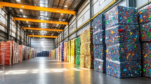 Colorful recycled plastic blocks stacked in a large warehouse