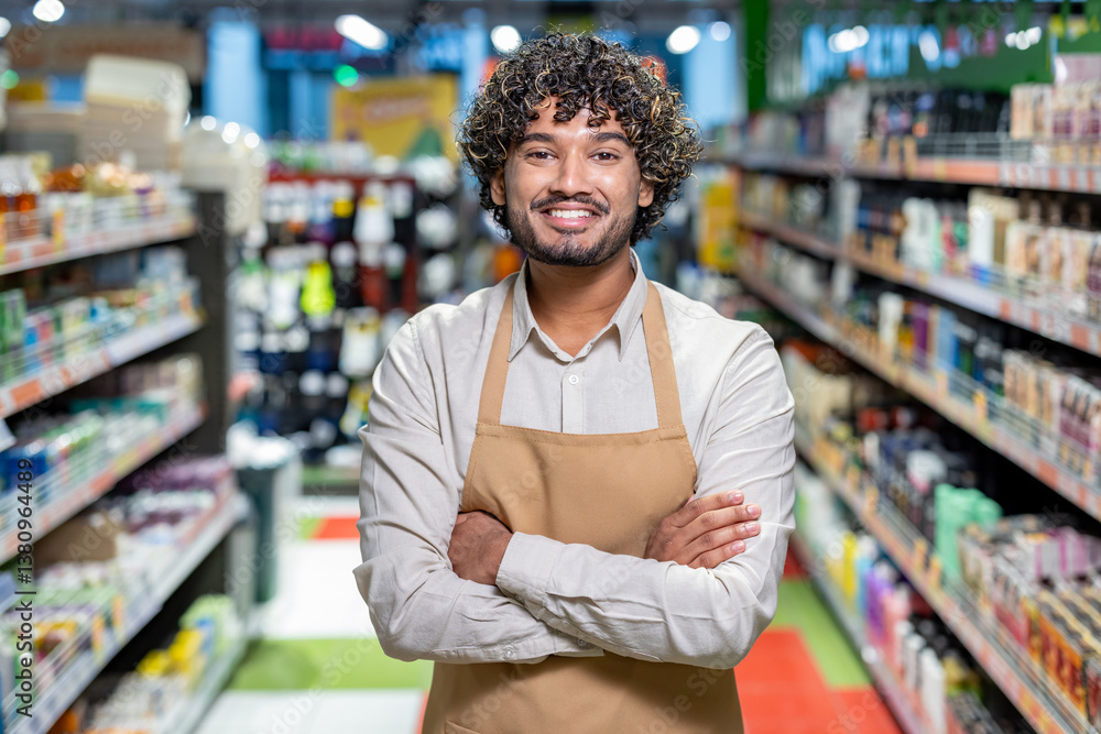 A friendly supermarket employee smiles with folded arms, standing in the aisle surrounded by stocked shelves. A friendly supermarket employee smiles with folded arms, standing in the aisle surrounded by stocked shelves.