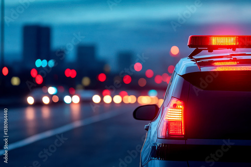 A police vehicle is illuminated at night, with city lights blurred in the background, creating a vibrant urban scene.