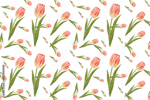 Hand drawn  seamless tulip pattern vector, a symbol of the Netherlands, used in textiles, home decor, scarves, paper printing, packaging patterns, and tiles.