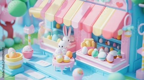 Charming Easter Market Illustration with Bunnies and Eggs in Isometric 3D Style