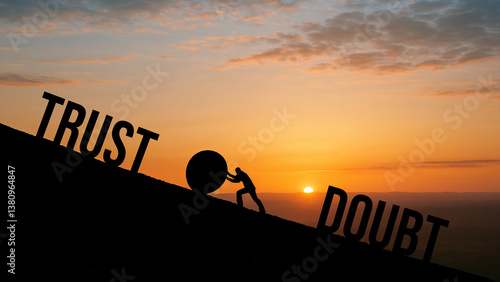 Silhouette of person pushing boulder uphill between trust and doubt at sunset, overcoming challenges, motivation and perseverance concept, personal growth and mental strength