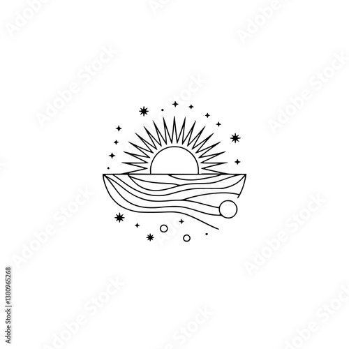 Celestial Sunset Line Art: Ocean, Stars, and Sunrise Logo