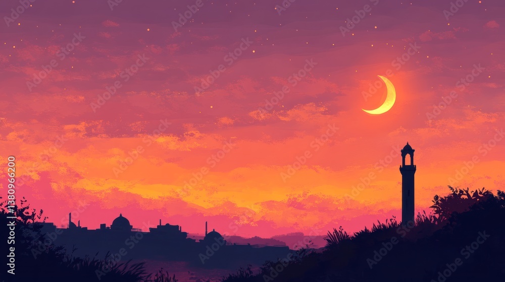 Crescent Moon and Minaret Silhouette Glowing Against a Colorful Evening Sky Panorama
