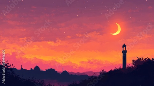 Obraz na płótnie Crescent Moon and Minaret Silhouette Glowing Against a Colorful Evening Sky Panorama w salonie