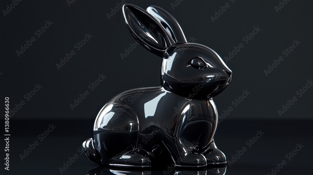 Sitting Glossy Bunny Sculpture on Dark Background Easter Decoration Concept