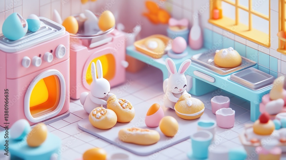 Charming Easter Bakery Scene with 3D Bunnies and Pastel-Colored Treats Delight