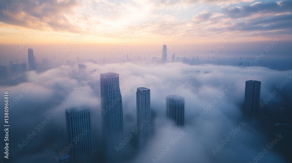 Spectacular foggy sunrise over modern cityscape with skyscrapers piercing through clouds
