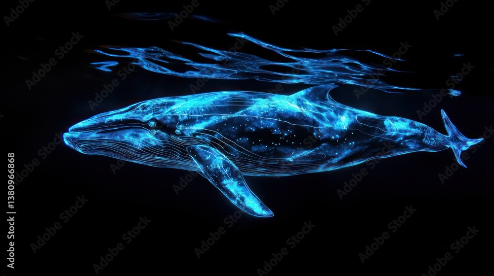 Majestic neon whale swimming gracefully through an abyssal aquatic realm