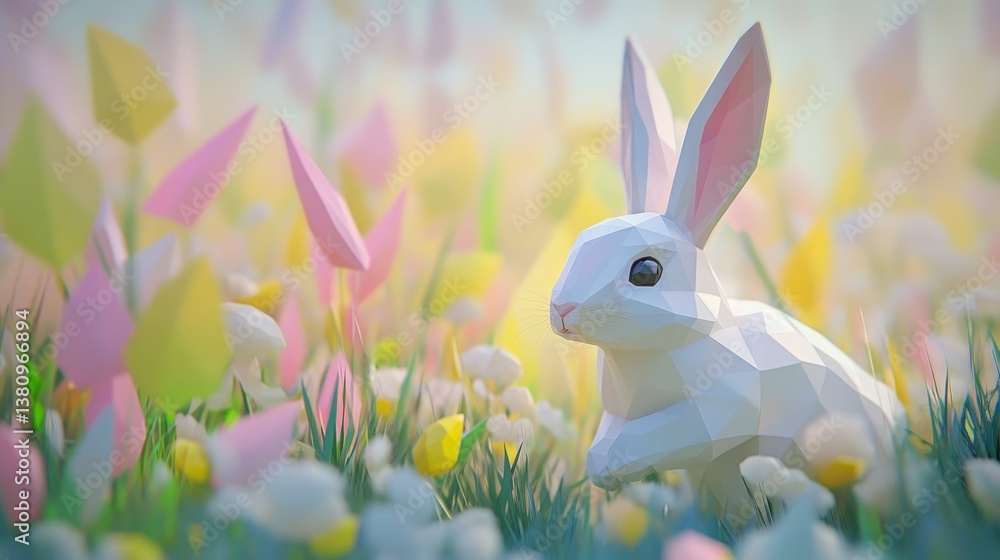 Rabbit Sitting in Field of Pastel Flowers with Polygonal Art Style