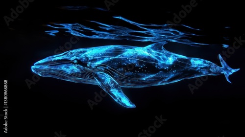 Majestic neon whale swimming gracefully through an abyssal aquatic realm