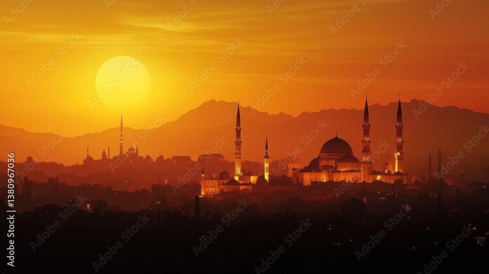 Magnificent Sunset Illuminating Mecca's Grand Mosque and Urban Silhouette