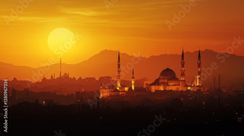 Obraz na płótnie Magnificent Sunset Illuminating Mecca's Grand Mosque and Urban Silhouette w salonie