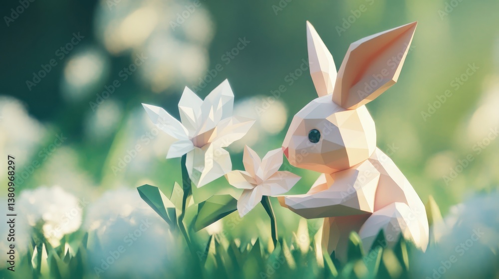 Pastel Geometric Easter Bunny Enjoying Spring Flowers in a Sunny Meadow, Serene and Dreamlike