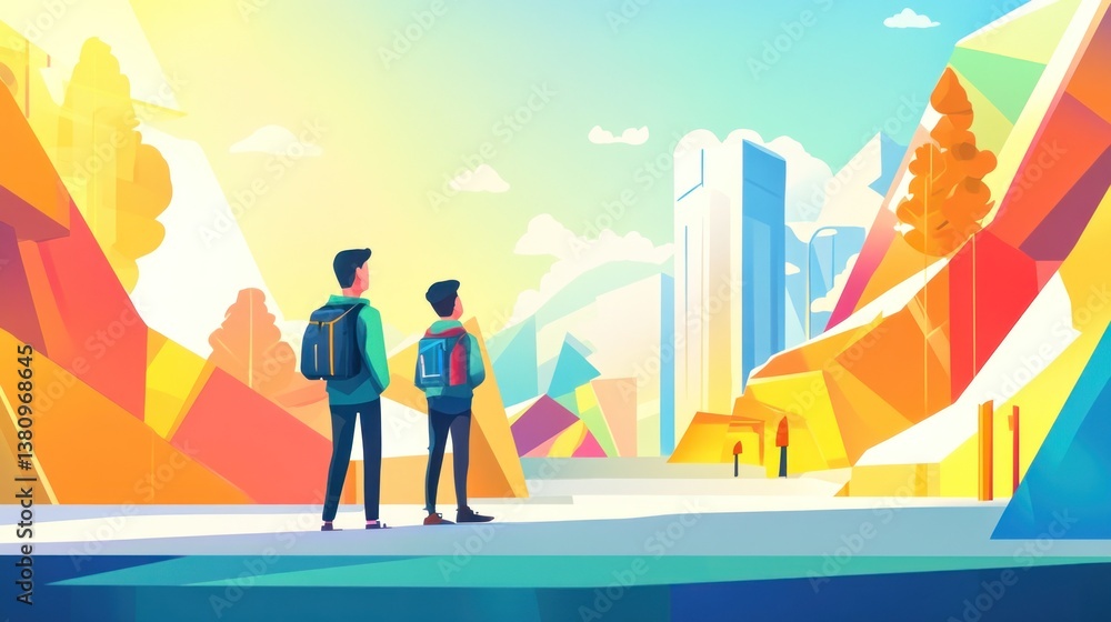 Two travelers contemplating the abstract city skyline during a vibrant journey
