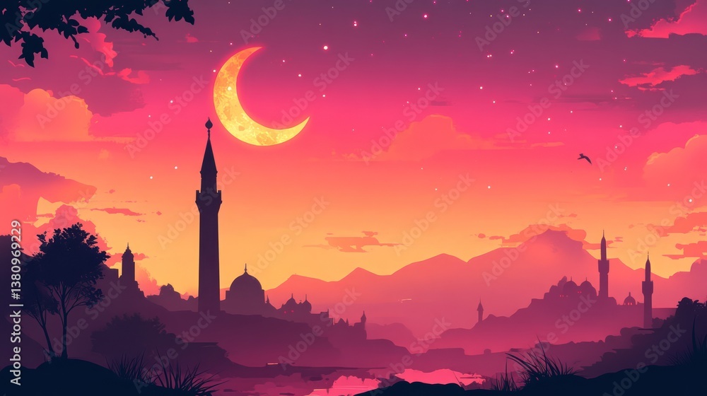 Serene crescent moon glows over the minaret, silhouetted in a vibrant skyline