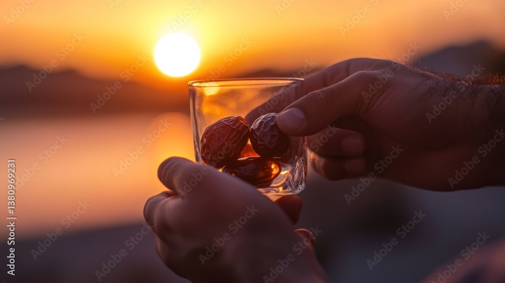 Golden hour indulgence: Close-up of dates in a glass held against sunset backdrop
