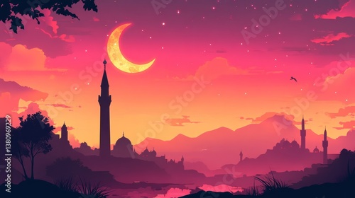 Obraz na płótnie Serene crescent moon glows over the minaret, silhouetted in a vibrant skyline w salonie