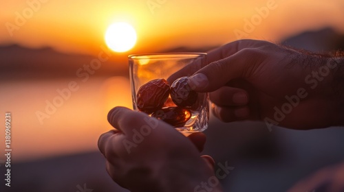 Obraz na płótnie Golden hour indulgence: Close-up of dates in a glass held against sunset backdrop w salonie