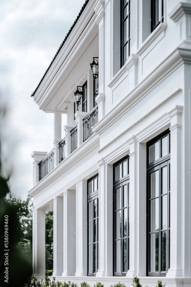 Fototapeta premium Elegant white mansion showcasing modern architectural design with large windows and detailed balcony railings surrounded by greenery in a serene setting during the afternoon light