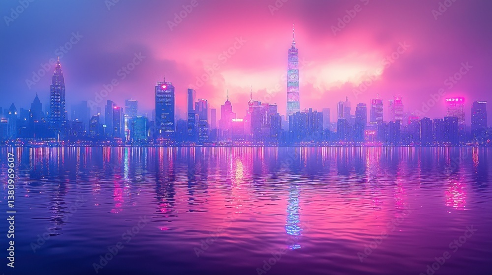 Obraz premium Neon Cityscape Reflection: A Dreamlike Urban Panorama