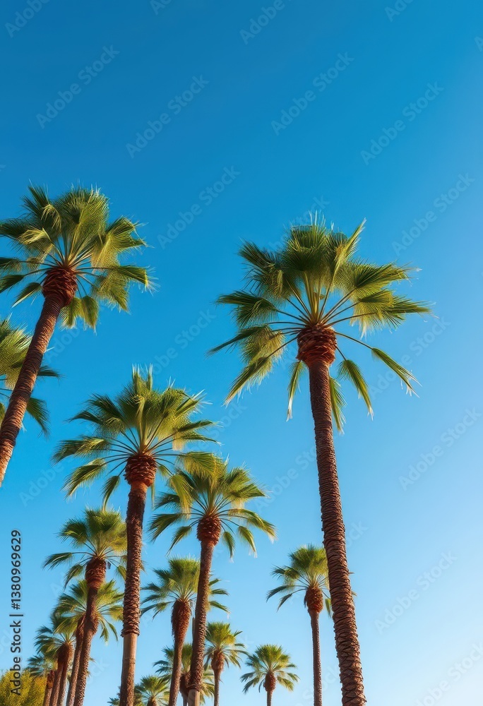 Serene California palms gently swaying under a vibrant blue sky, holiday, light Serene California palms gently swaying under a vibrant blue sky, holiday, light