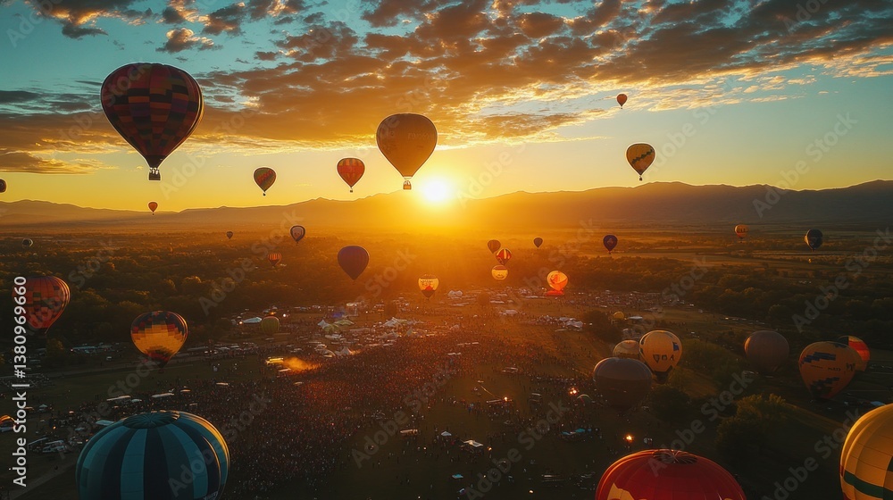 Majestic sunrise spectacle hot air balloons soaring above crowd gathering at dawn