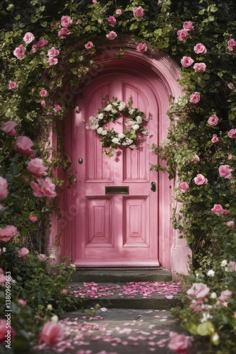 In a serene garden setting during the beautiful spring season  there stands a charming pink door beautifully embellished with vibrant roses and lush greenery