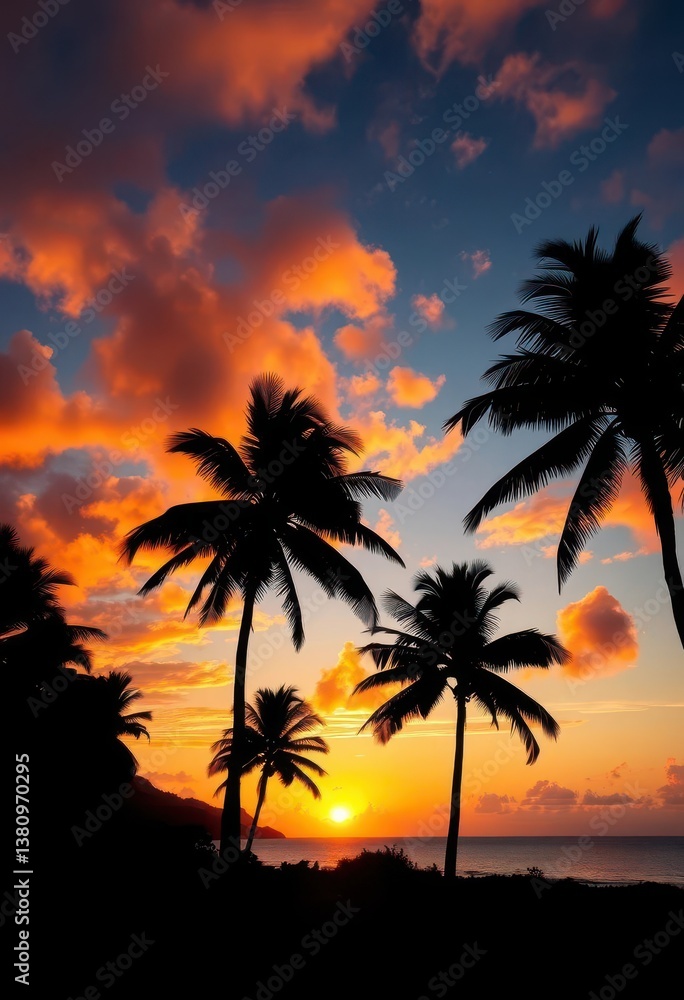 Silhouetted palm trees against a vibrant Hawaiian sunset, twilight, sky Silhouetted palm trees against a vibrant Hawaiian sunset, twilight, sky