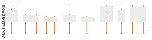 Picket sign, demonstration banners, public transparency, protest placard. Design blank boards with sticks, wooden holders template. Concept sign picket element