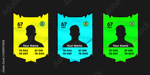 Custom football player card template with silhouette and Brazil flag. Three color variations: yellow, blue, and green. Editable design for gaming profile or sports ranking concept
